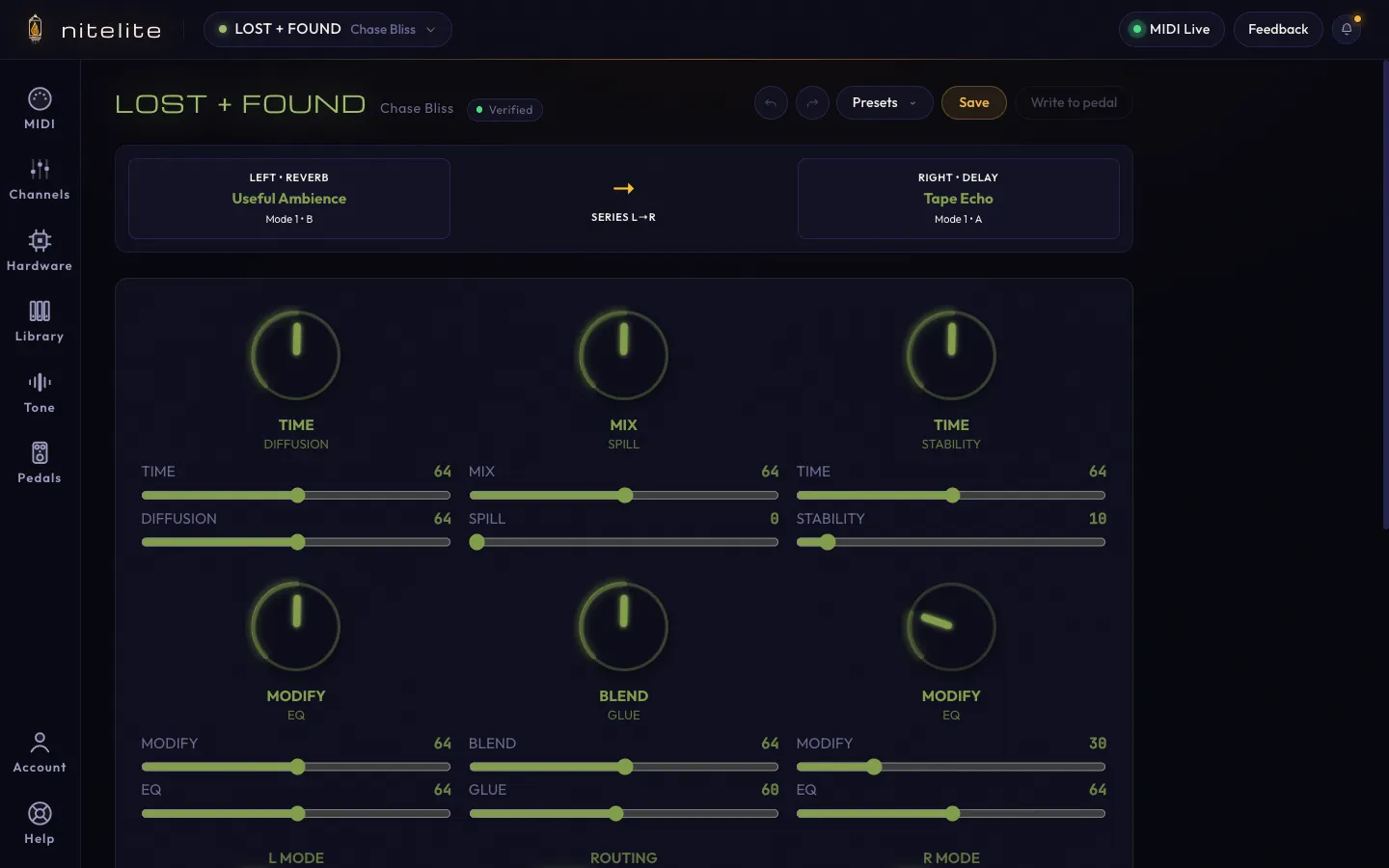The LOST + FOUND pedal view with knobs, sliders, routing display, and the header toolbar