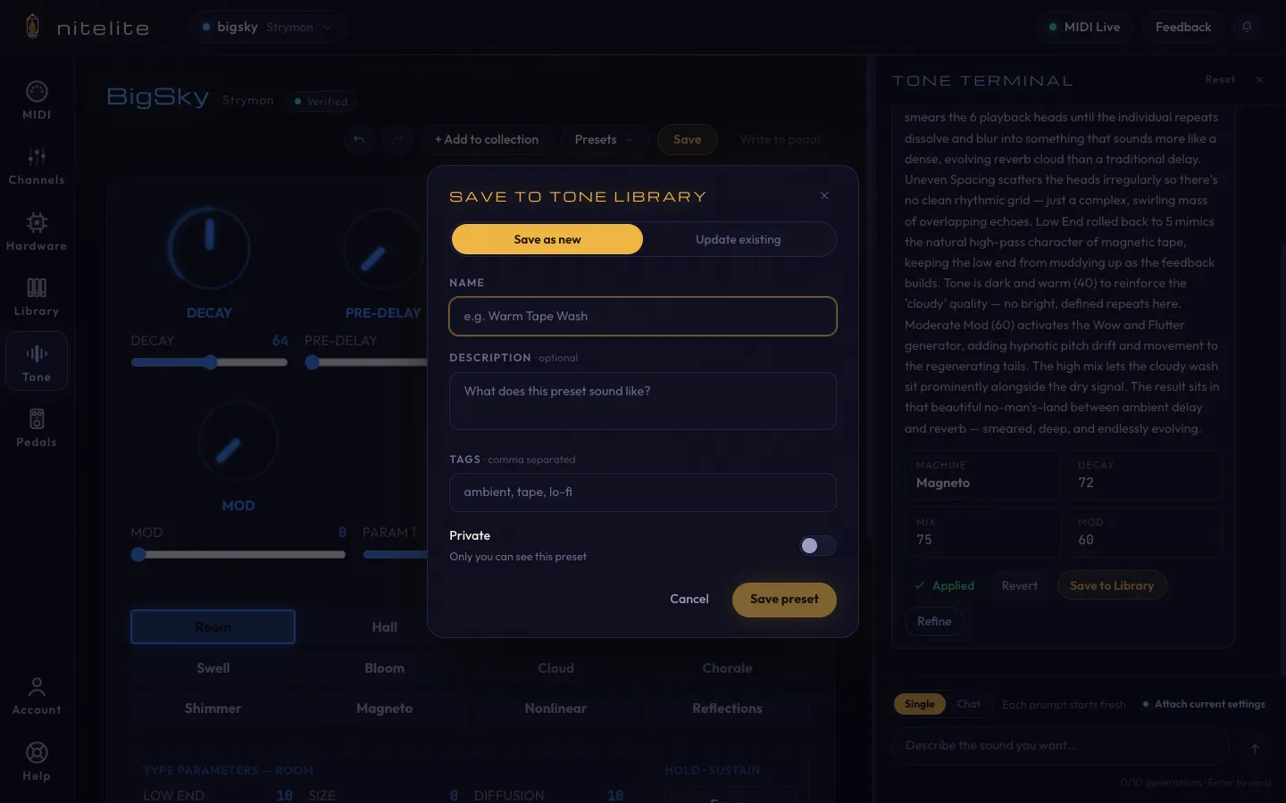 The Save to Tone Library modal with name, description, tags, and private toggle