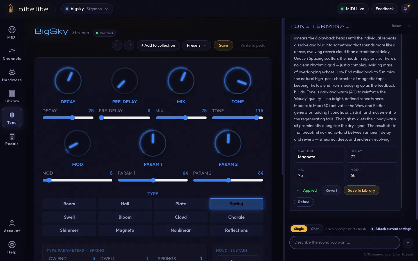 A Tone Terminal response with explanation, settings summary, and Applied status