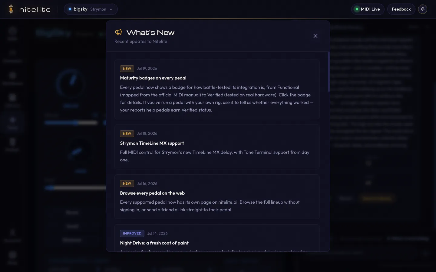 The What's New feed showing recent Nitelite updates
