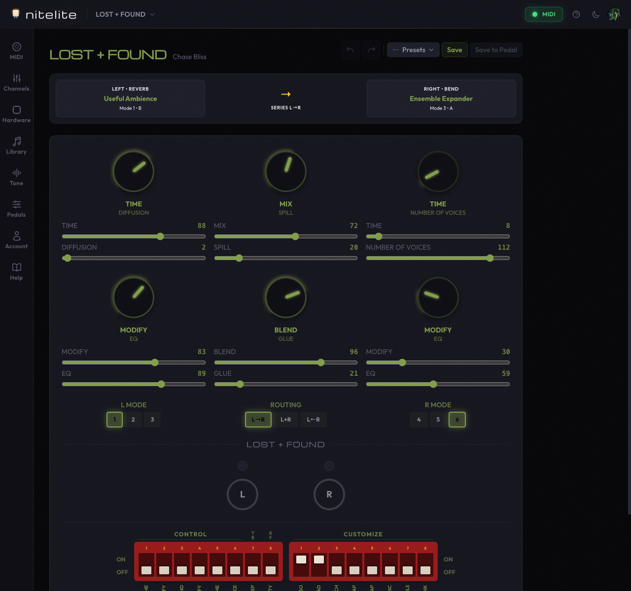 Nitelite app — pedal view with knobs and Tone Terminal